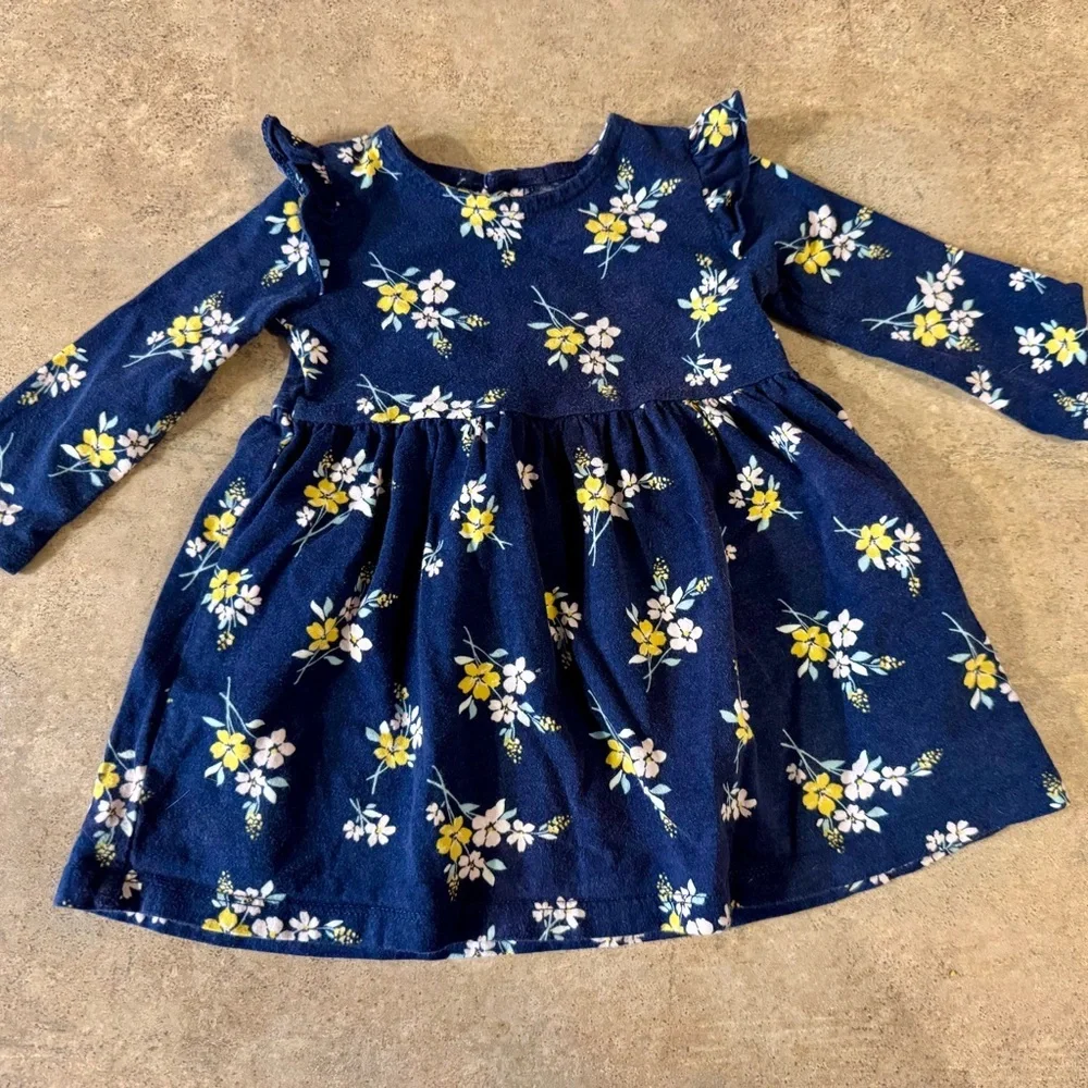 Carter's Long Sleeve Navy Dress with Yellow Floral Pattern, Size 9M